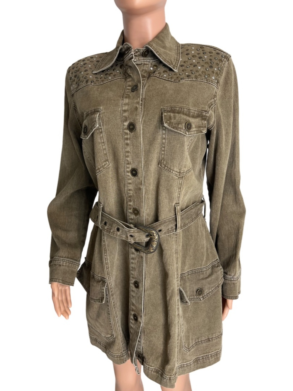 QVC Diane Gilman Olive Stud-Trim Utility Military Rhinestone long Jacket Size M